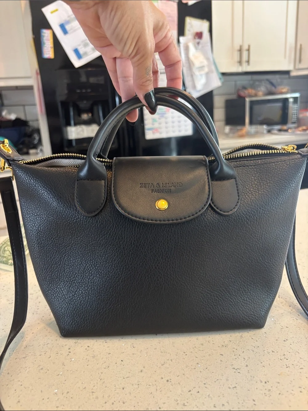 Black Pebble-Texture Top-Handle Tote